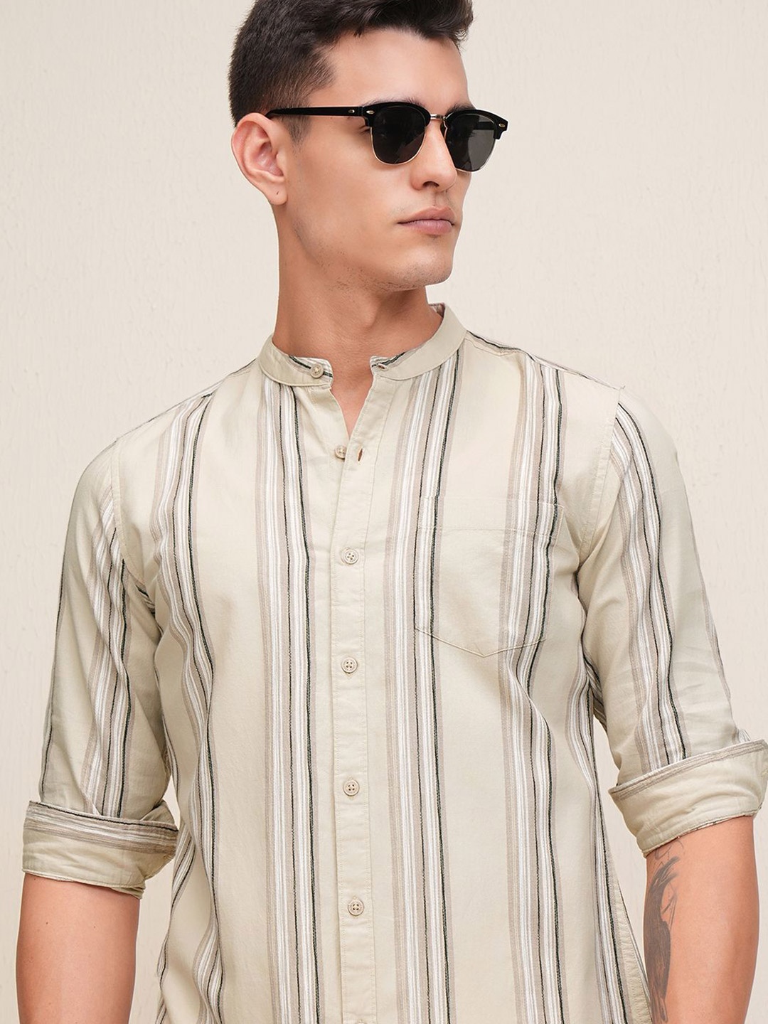 

HIGHLANDER Men Dobby Textured Striped Cuban Collar Relaxed Shirt, Beige