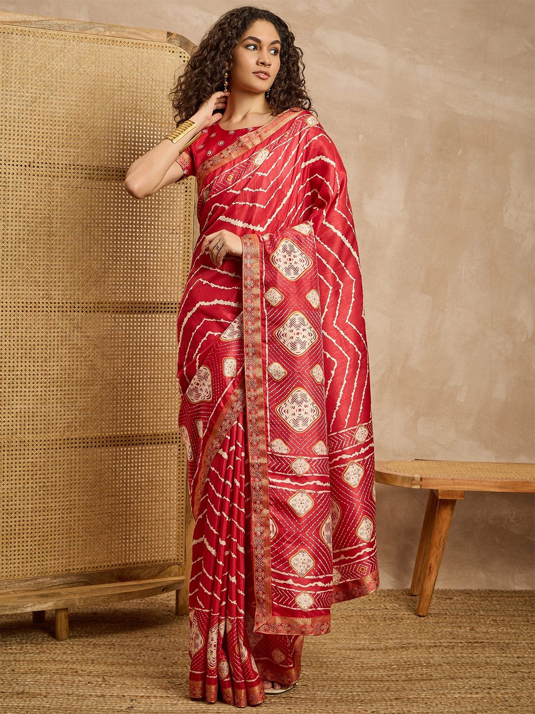 

all about you Zari Embellished Leheriya Saree, Red
