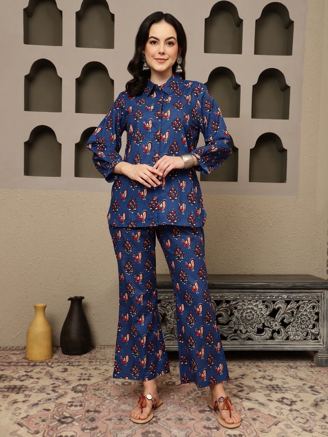 

BANDIA Ethnic Motifs Printed Pure Cotton Shirt With Trousers, Blue