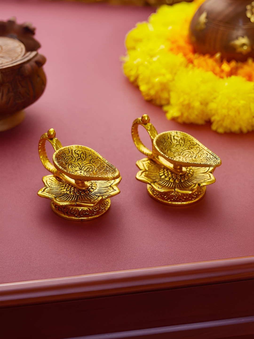 

TIED RIBBONS Gold Toned 2 Pieces Textured Metal Pooja Diya