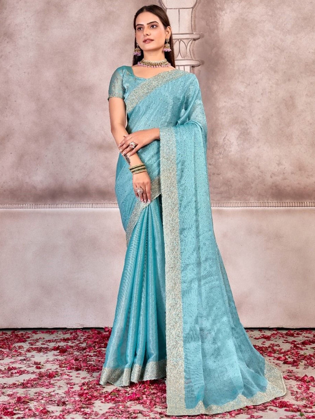 

Kalista Floral Embellished Beads and Stones Pure Georgette Saree, Blue