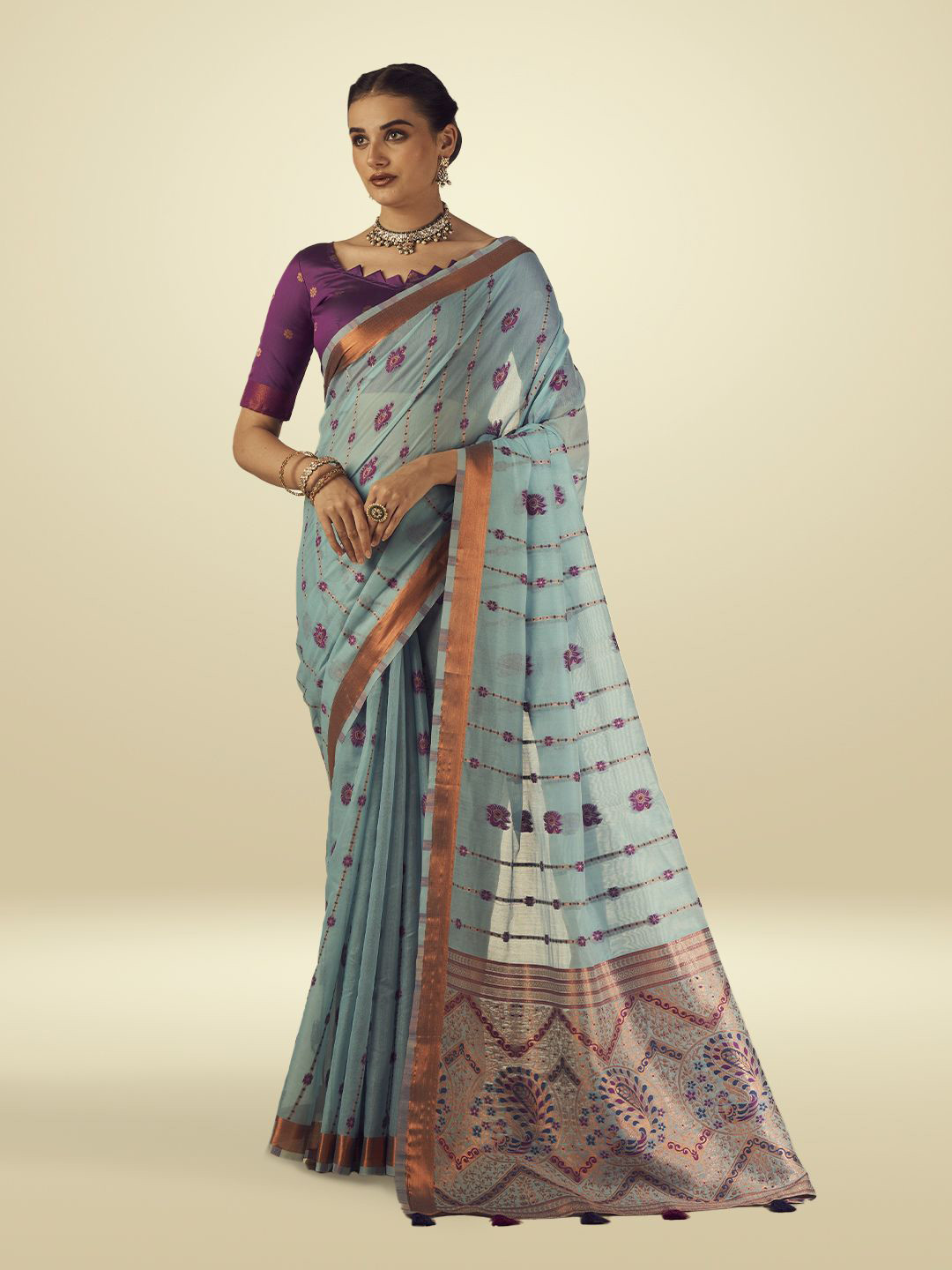 

SARHA Floral Zari Pure Cotton Saree, Blue