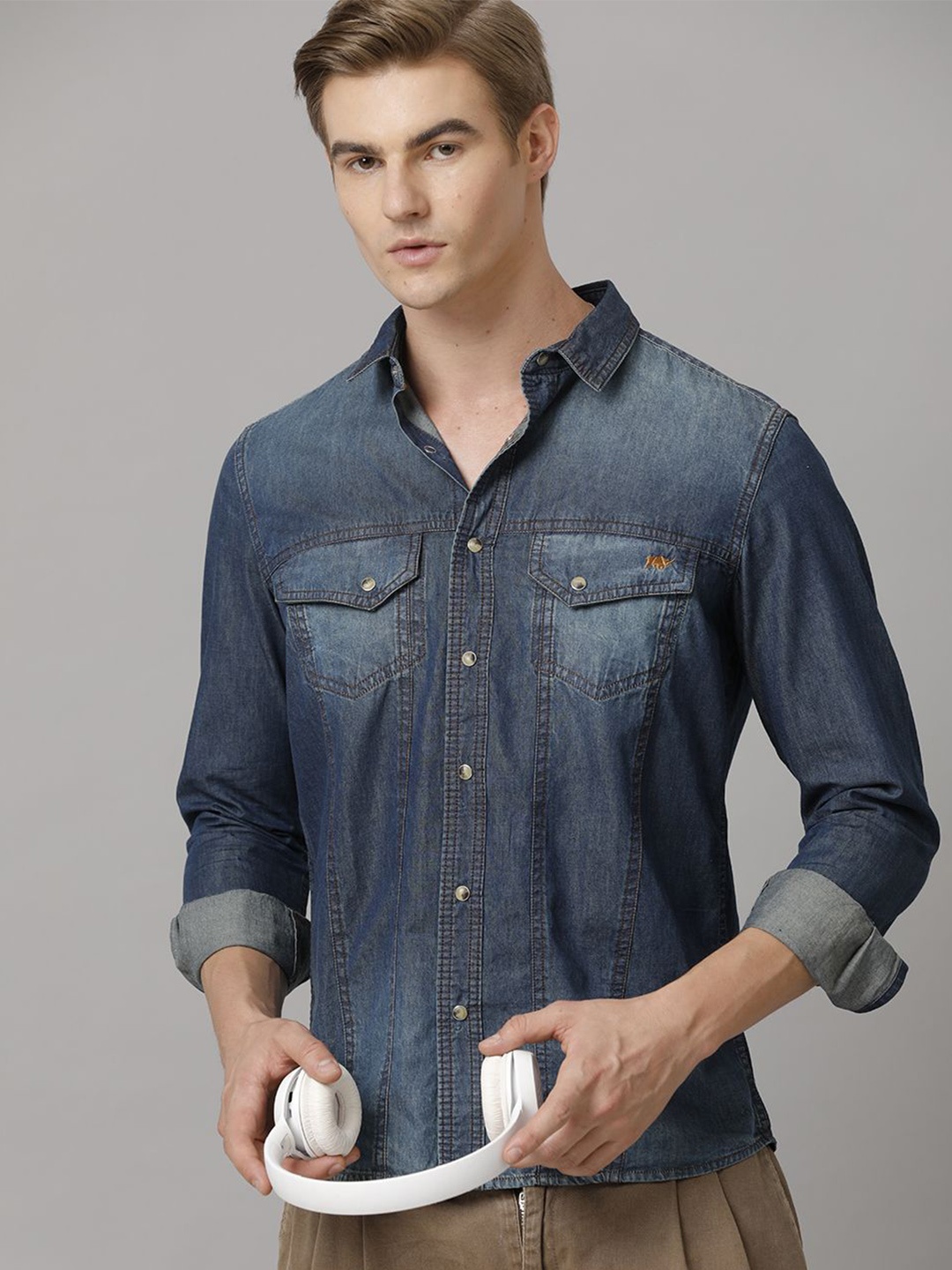 

TEMPLE OF DENIM Men India Slim Spread Collar Solid Denim Casual Shirt, Navy blue