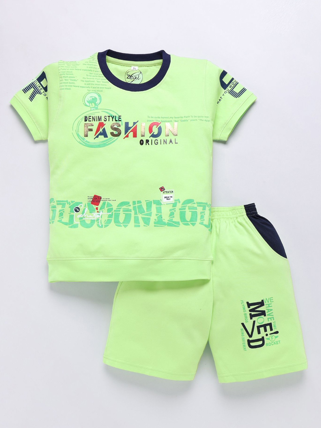 

Zeal Boys Printed Round Neck Pure Cotton T-shirt with Shorts, Green