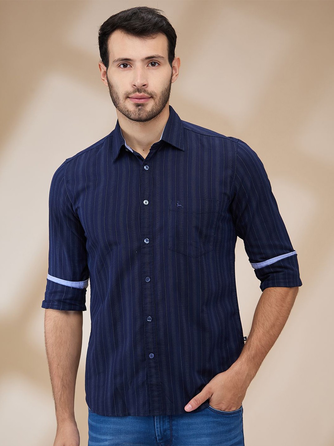 

Parx Men Spread Collar Vertical Striped Cotton Slim Fit Casual Shirt, Blue