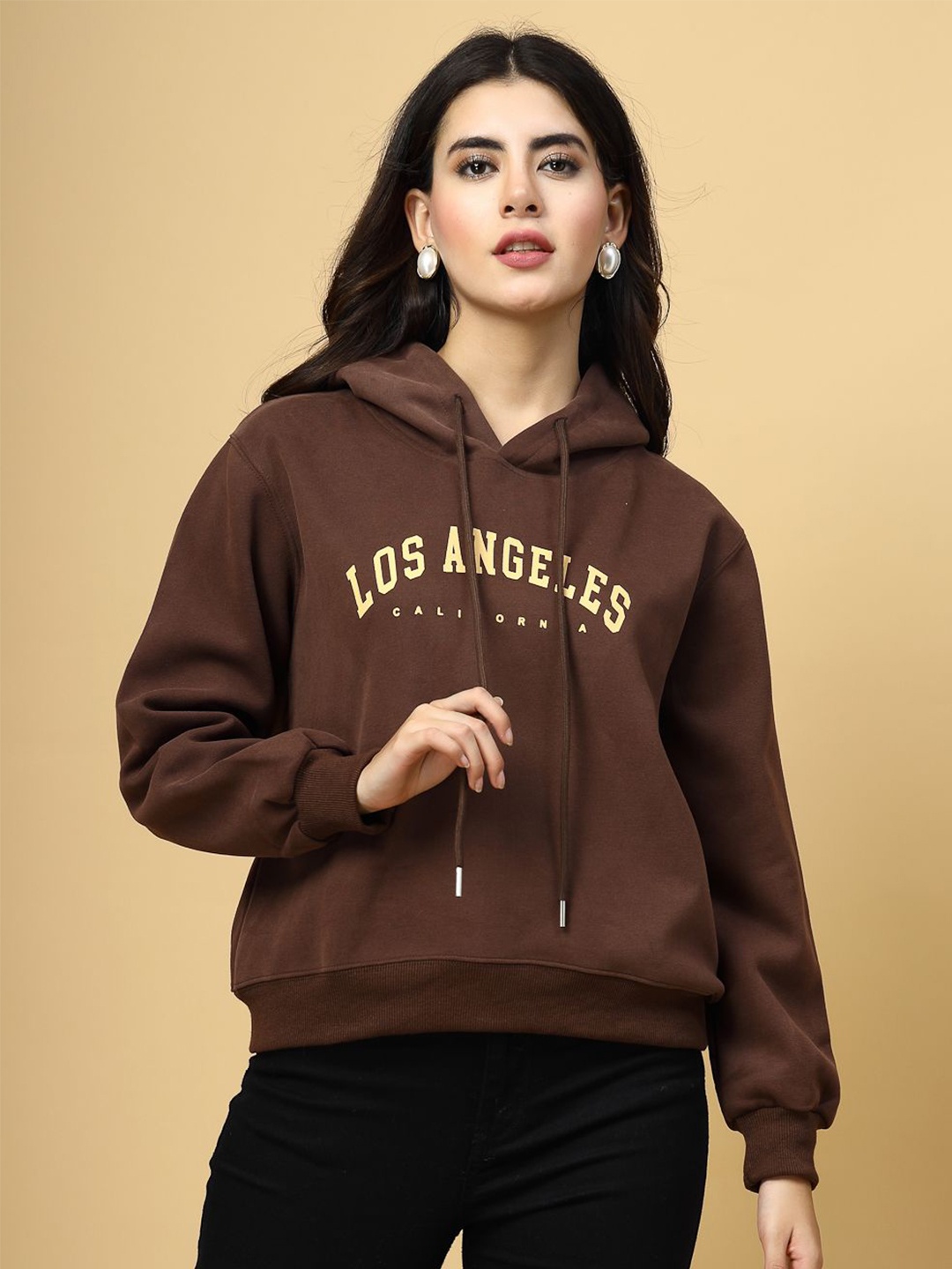 

Mafadeny Women Printed Hooded Sweatshirt, Brown
