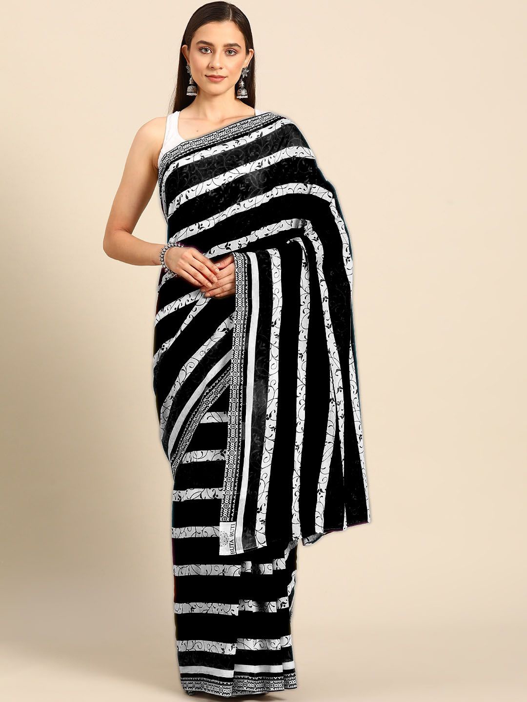 

BUTA BUTI Striped Printed Pure Cotton Saree, Black