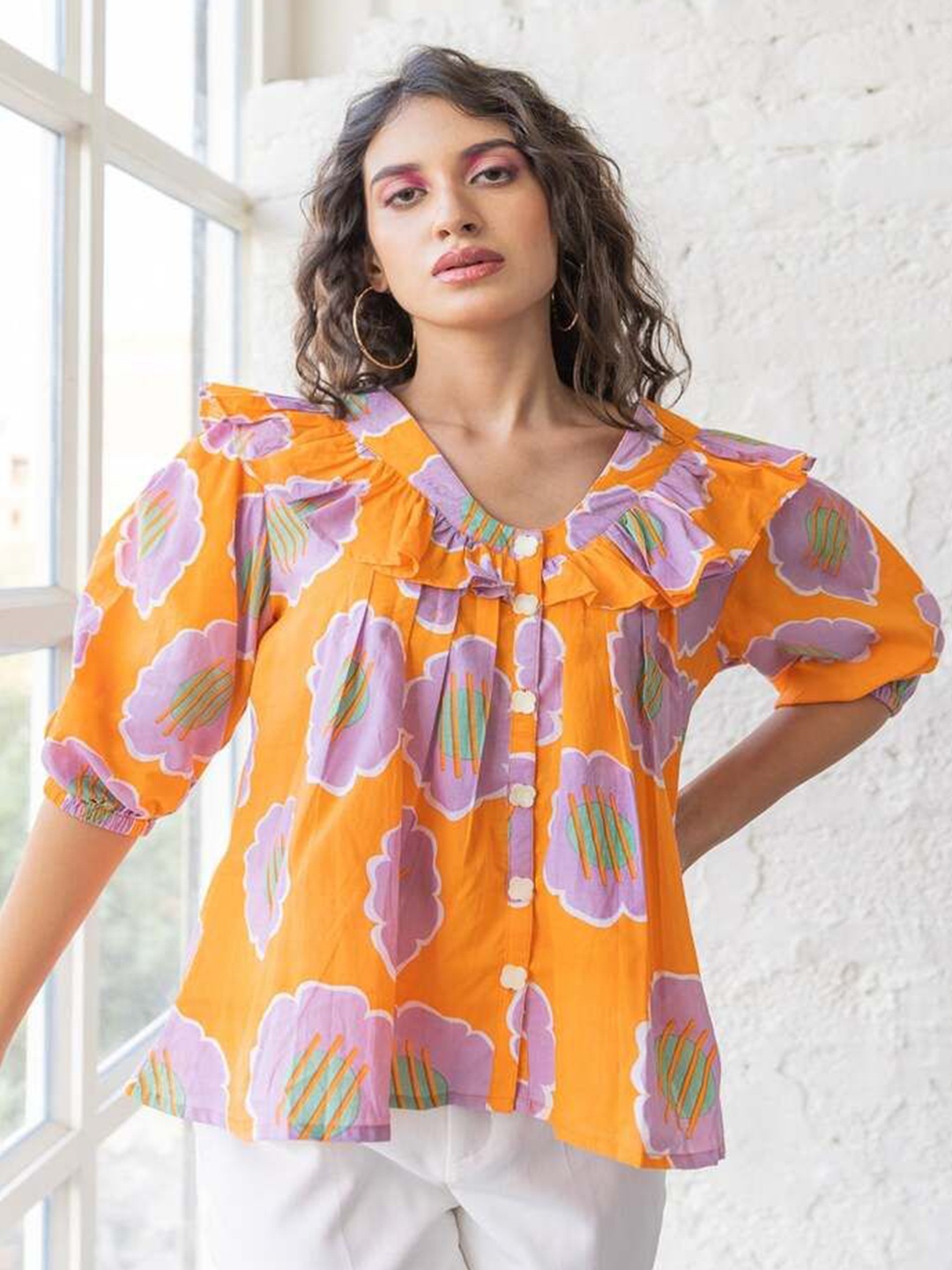 

Fancy Pastels Women Floral Printed V-Neck Cotton Top, Orange