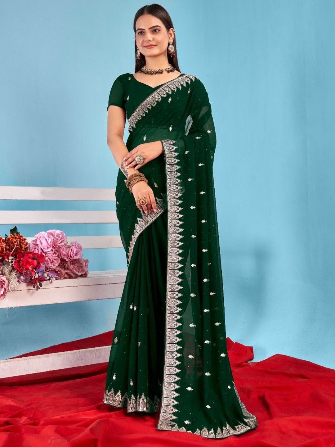 

Kalista Embellished Beads and Stones Pure Georgette Saree, Green