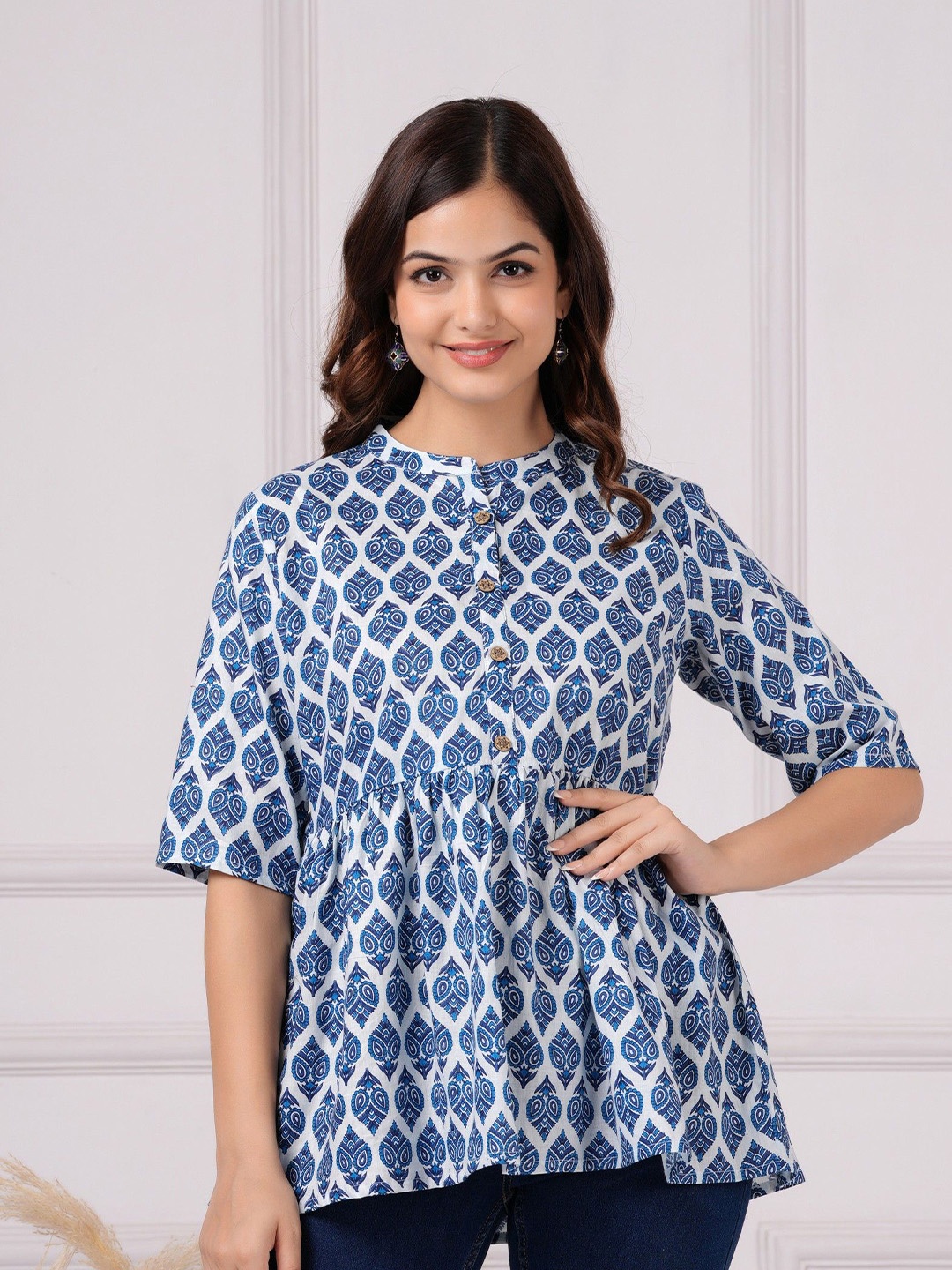 

Royal Marque Women Ethnic Motifs Printed Mandarin Collar Cotton Top, Blue