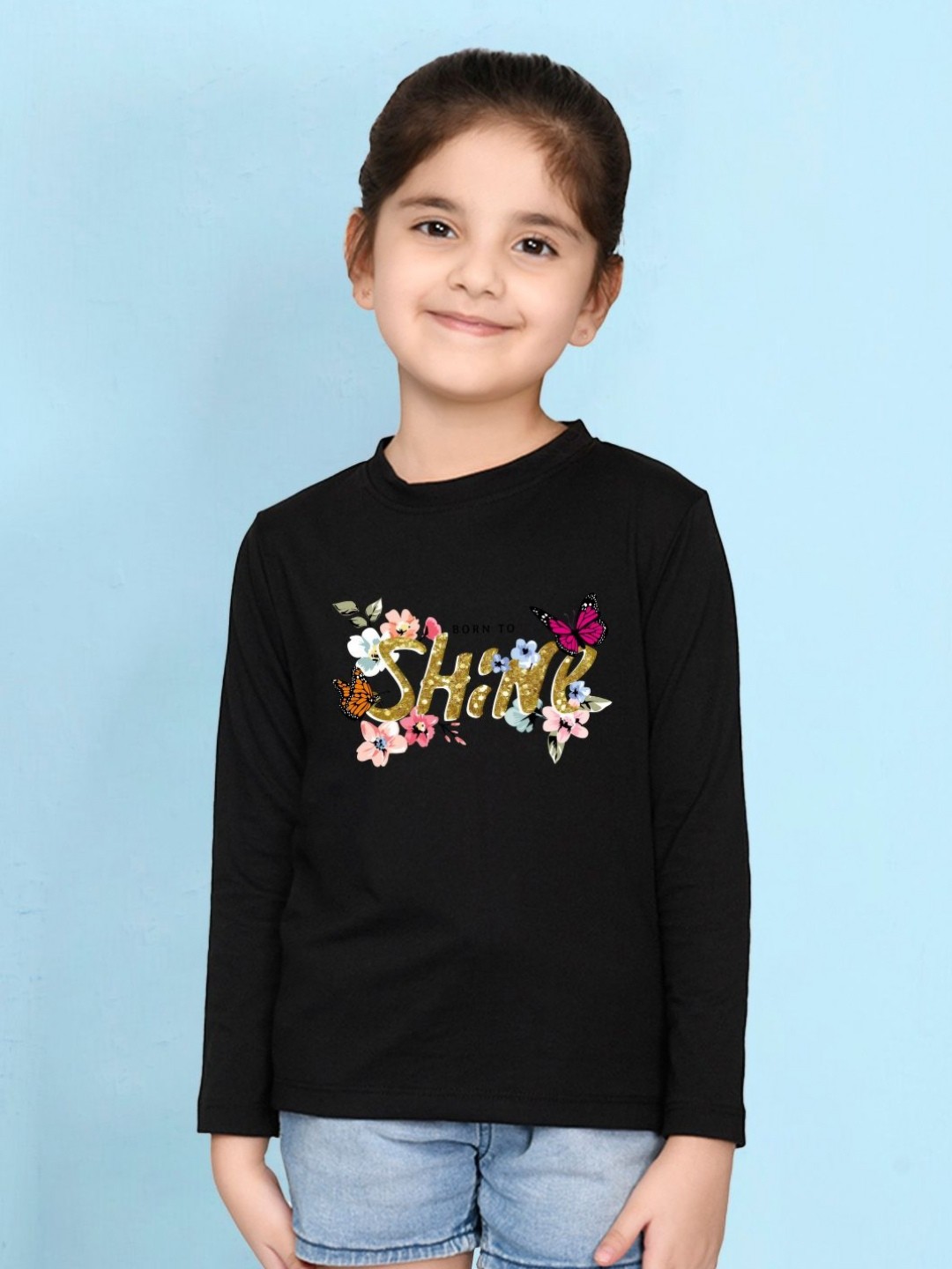 

NUSYL Girls Typography Printed Long Sleeve T-shirt, Black