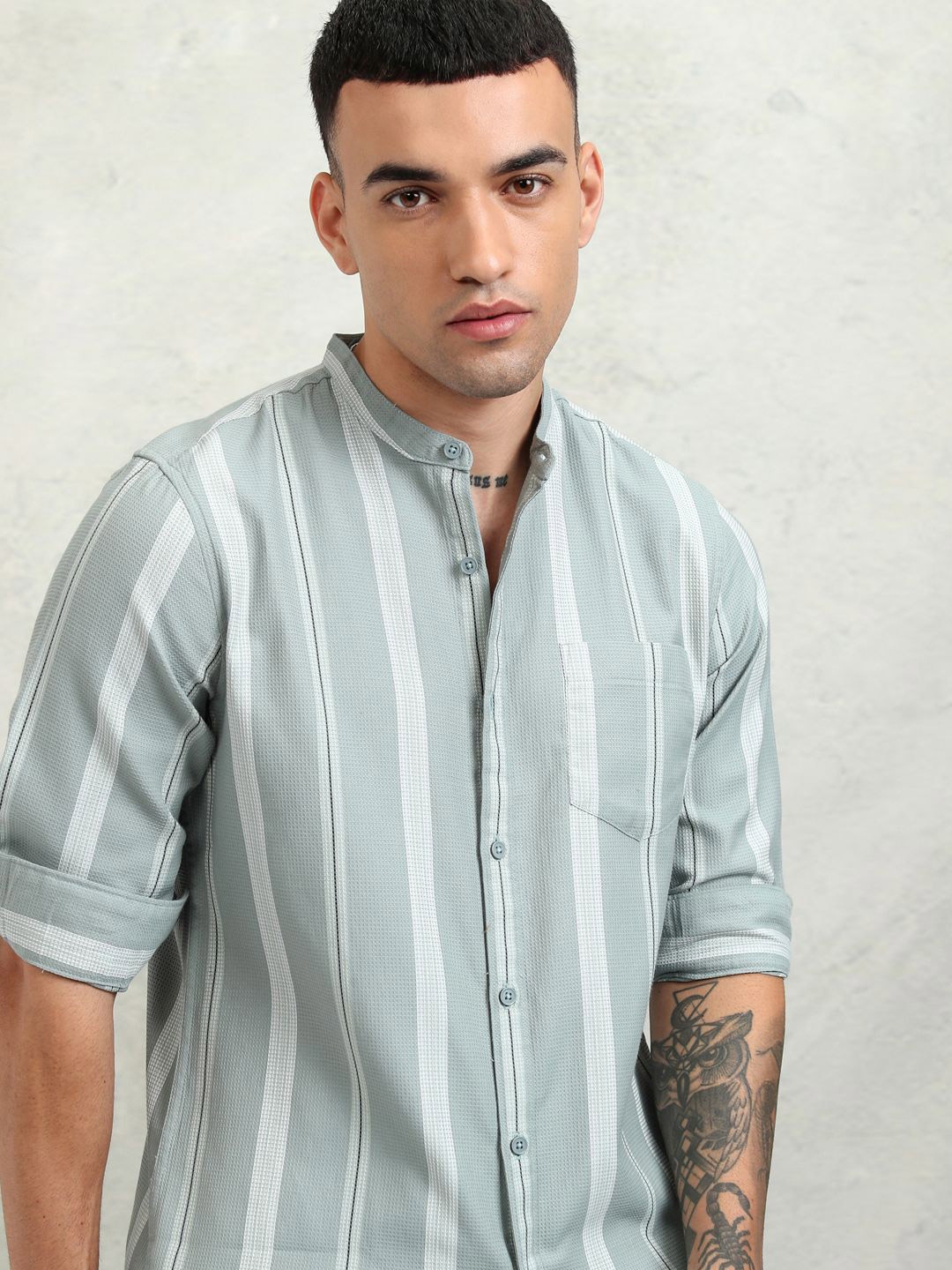 

Highlander Men Mini Waffle Dobby Textured Striped Cuban Collar Relaxed Shirt, Green