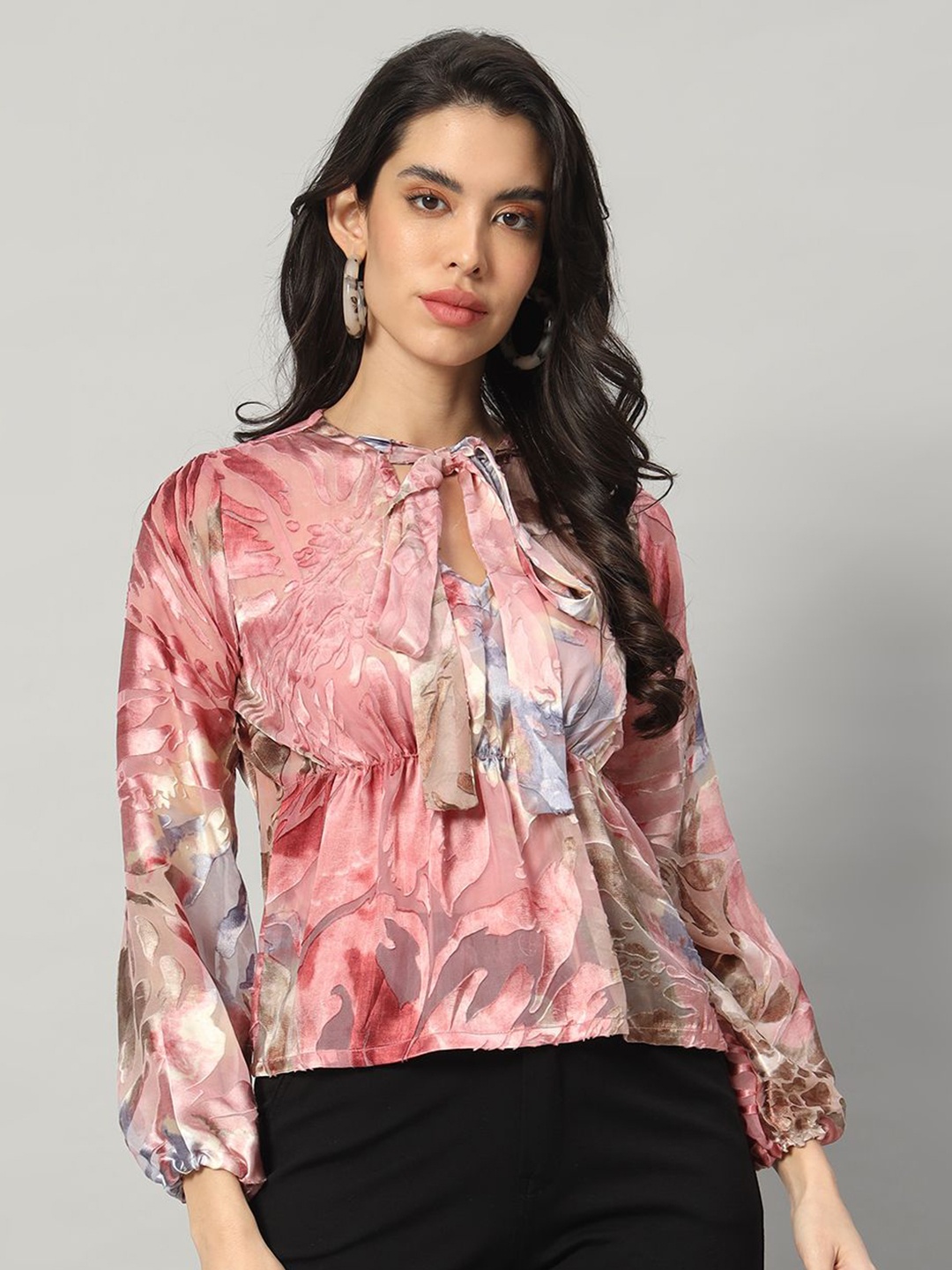 

BRIJAL LAD Women Print Tie-Up Neck Top, Pink