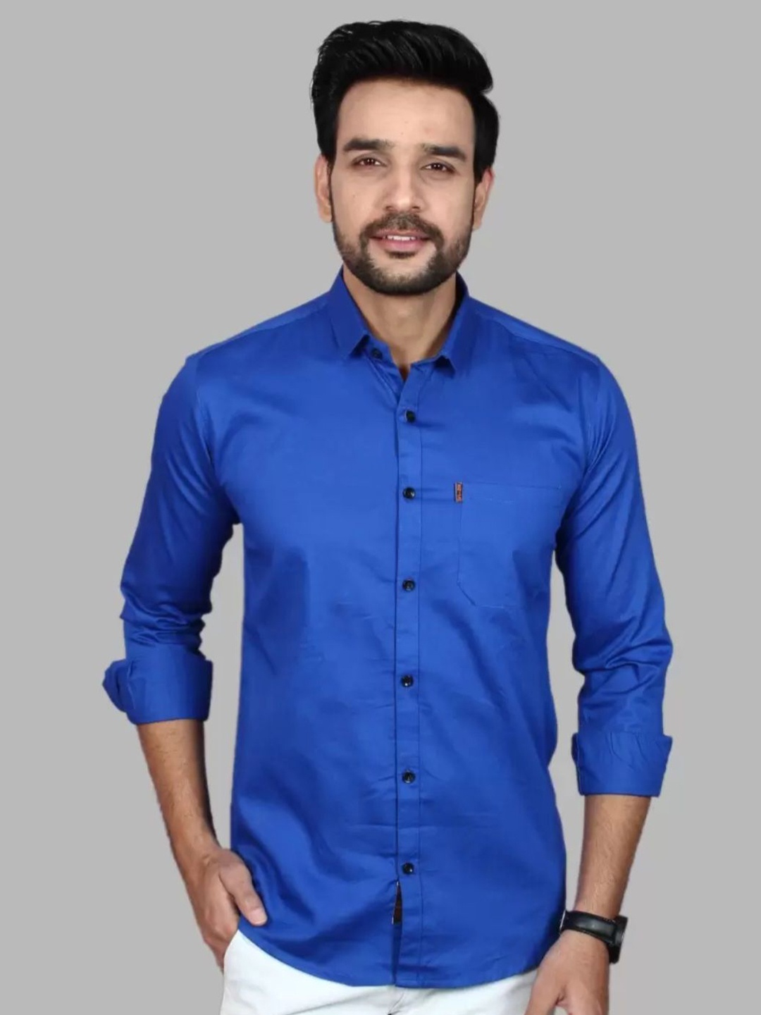 

Vcom Men Classic Spread Collar Solid Cotton Slim Fit Casual Shirt, Blue