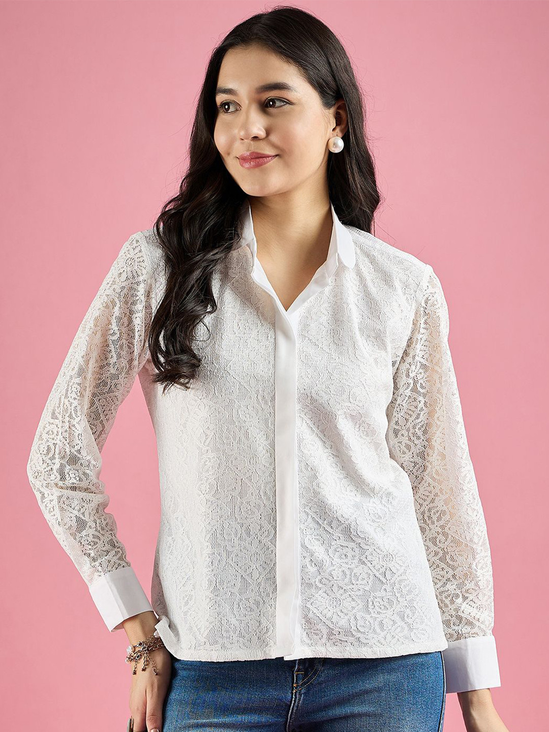 

DressBerry Women Spread Collar Solid Semiformal Shirt, White