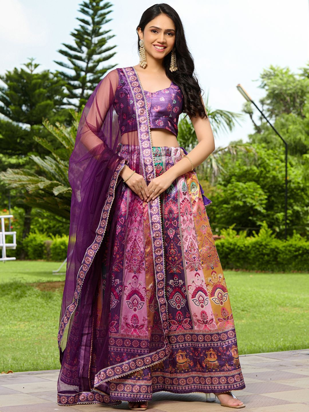 

PRETTY PALLU Ethnic Motifs Printed Silk Ready to Wear Lehenga & Blouse With Dupatta, Purple