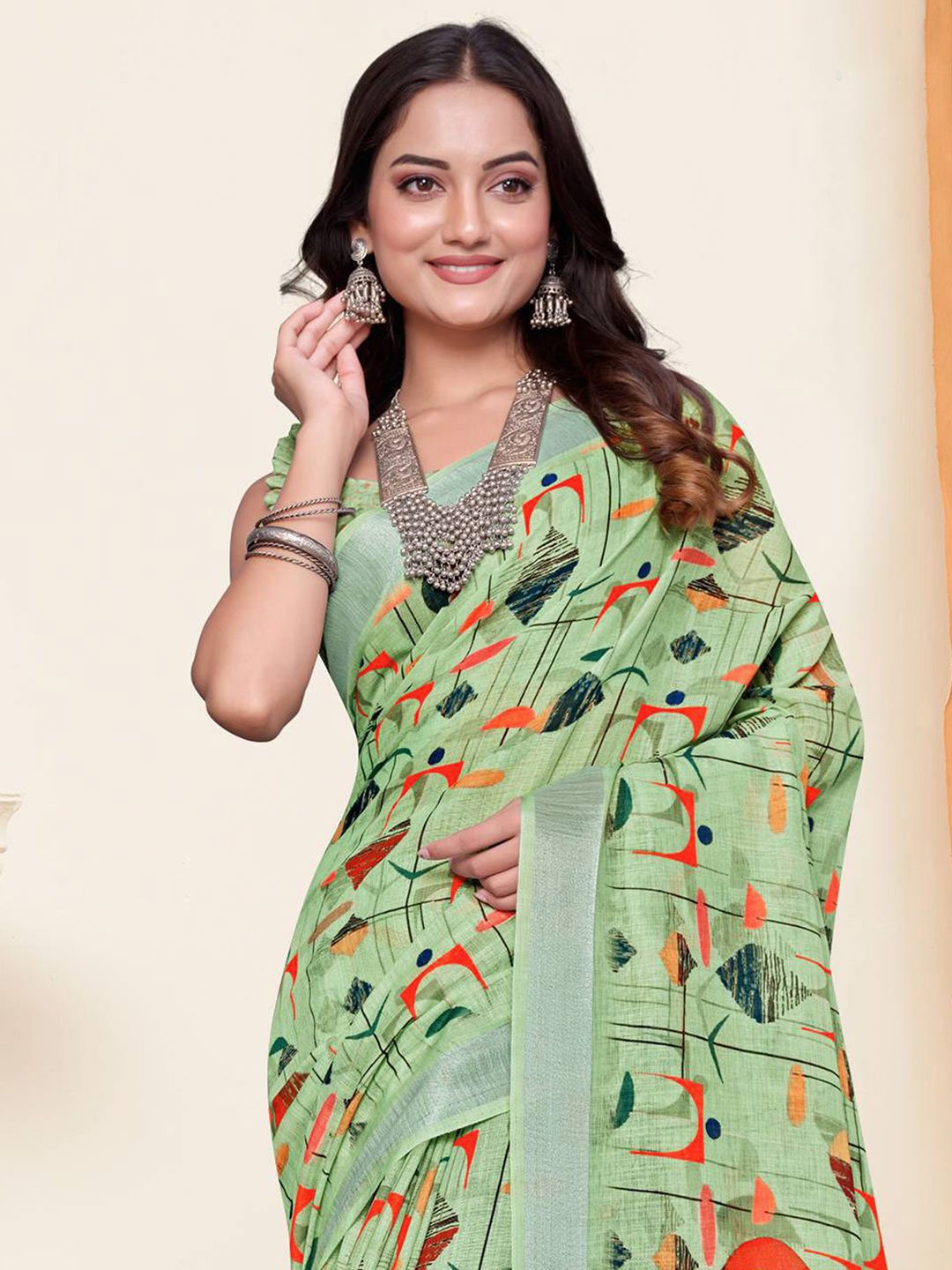 

Mitera Zari Abstract Printed Pure Linen Saree, Green