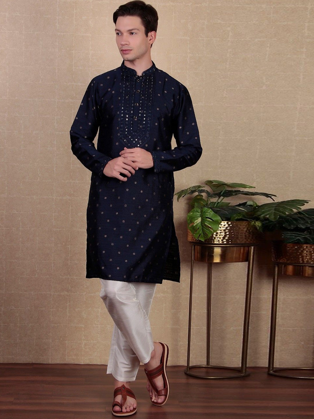 

Cult Indie Woven Design Mirror Work Jacquard Art Silk Straight Kurta, Navy blue