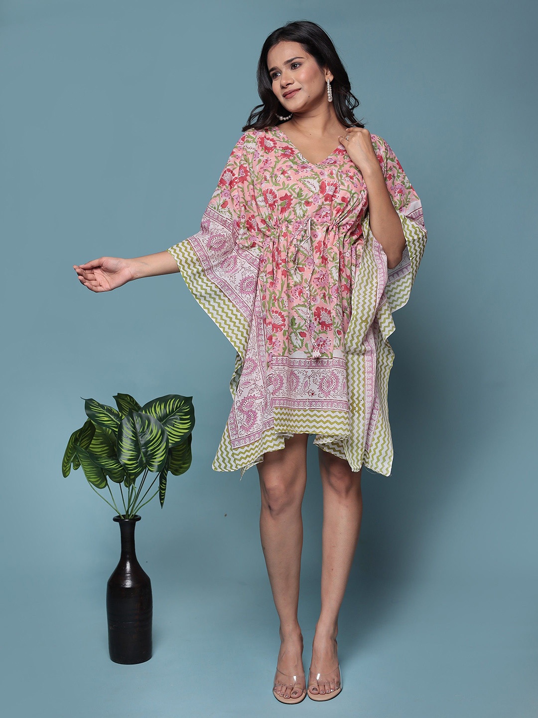 

Bohekant Floral Women Printed Cotton Kimono Sleeve Kaftan Dress, Peach
