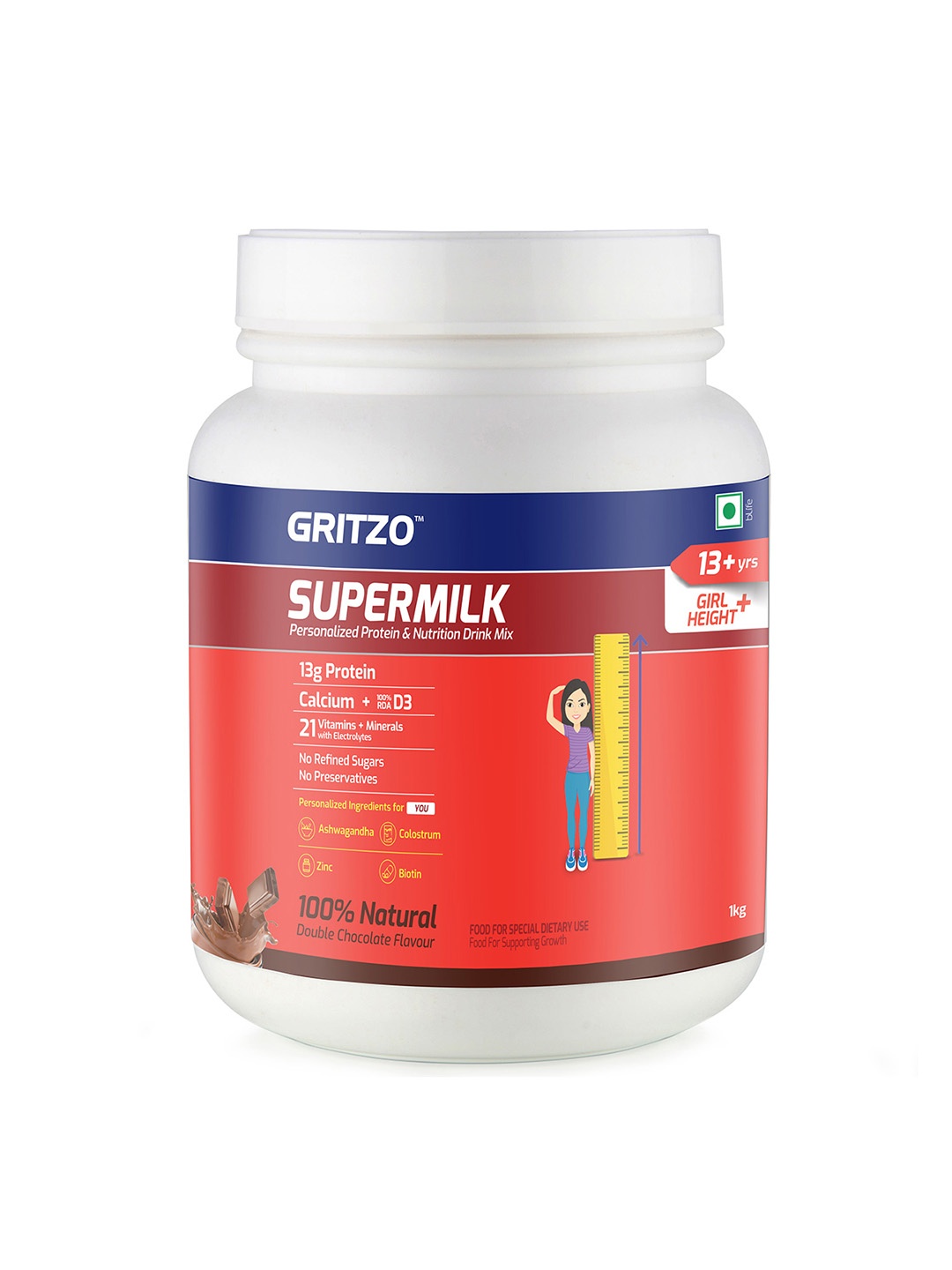 

Gritzo Kids Vegetarian SuperMilk Height+ 13+y Girls- 13g Protein-Double Chocolate-1kg, Brown