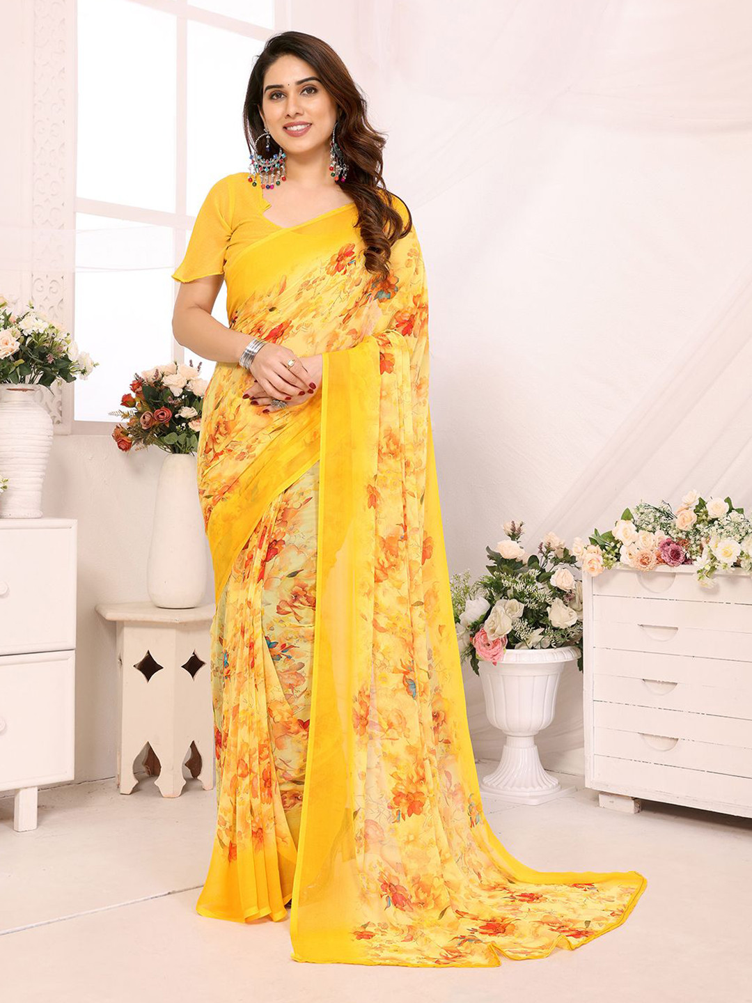

ANAND SAREES Floral Printed Saree, Yellow