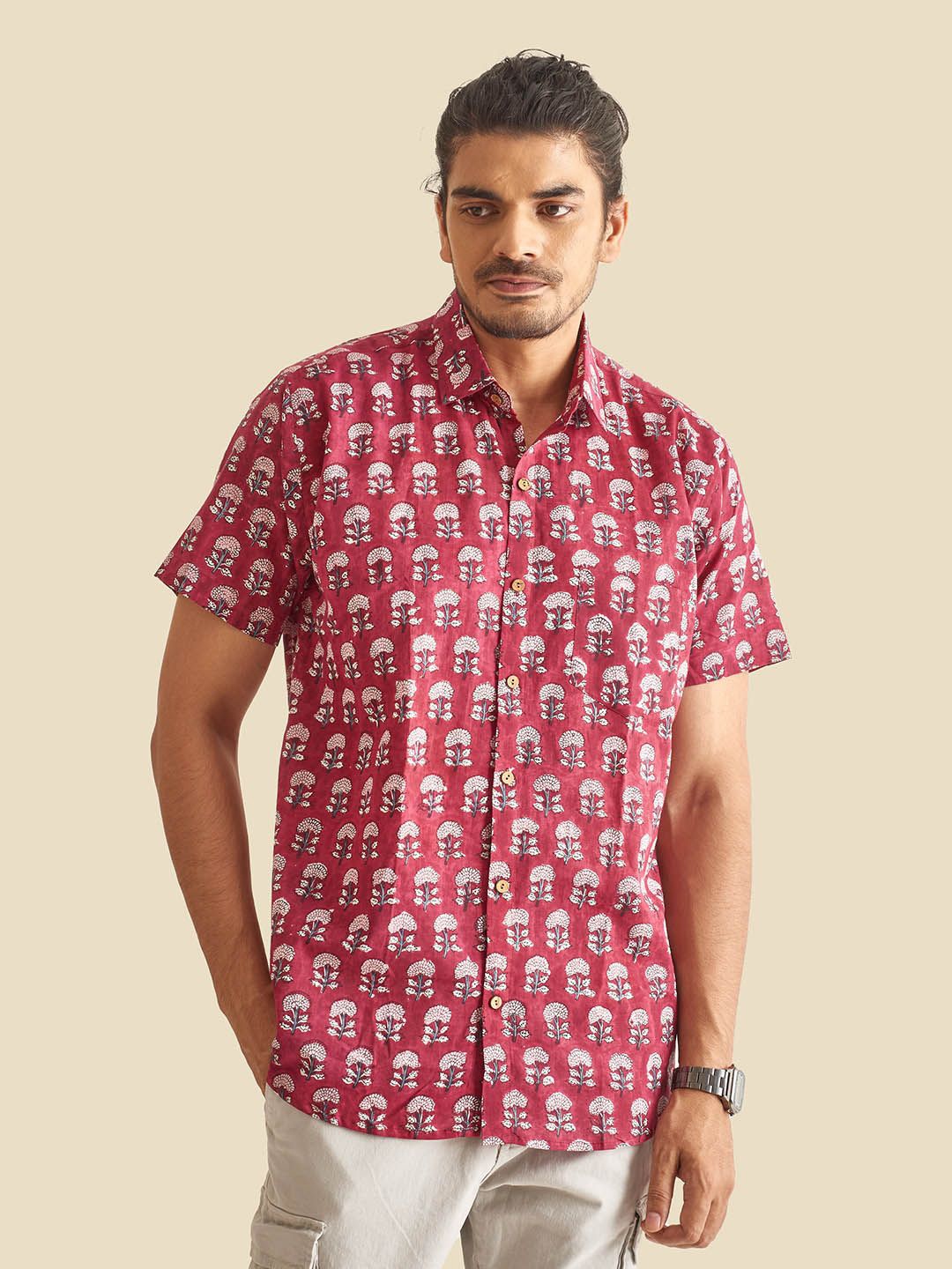 

Patrah Men Spread Collar Floral Printed Cotton Relaxed Fit Casual Shirt, Maroon