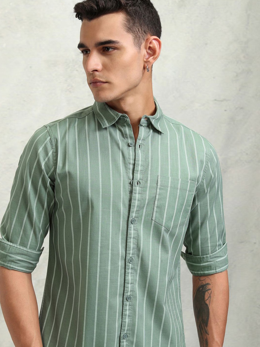 

Highlander Men Cotton Linen Printed Striped Casual Shirt, Green