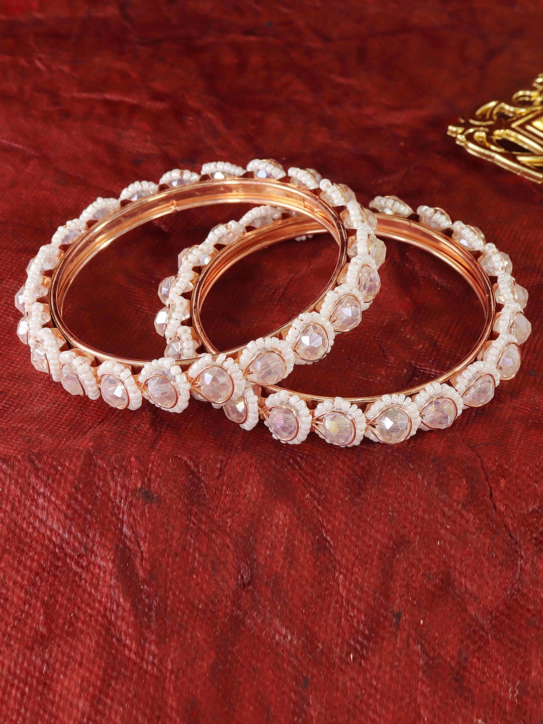 

NMII Set Of 2 Zircon Studded & Pearls Beaded Bangles, Rose gold