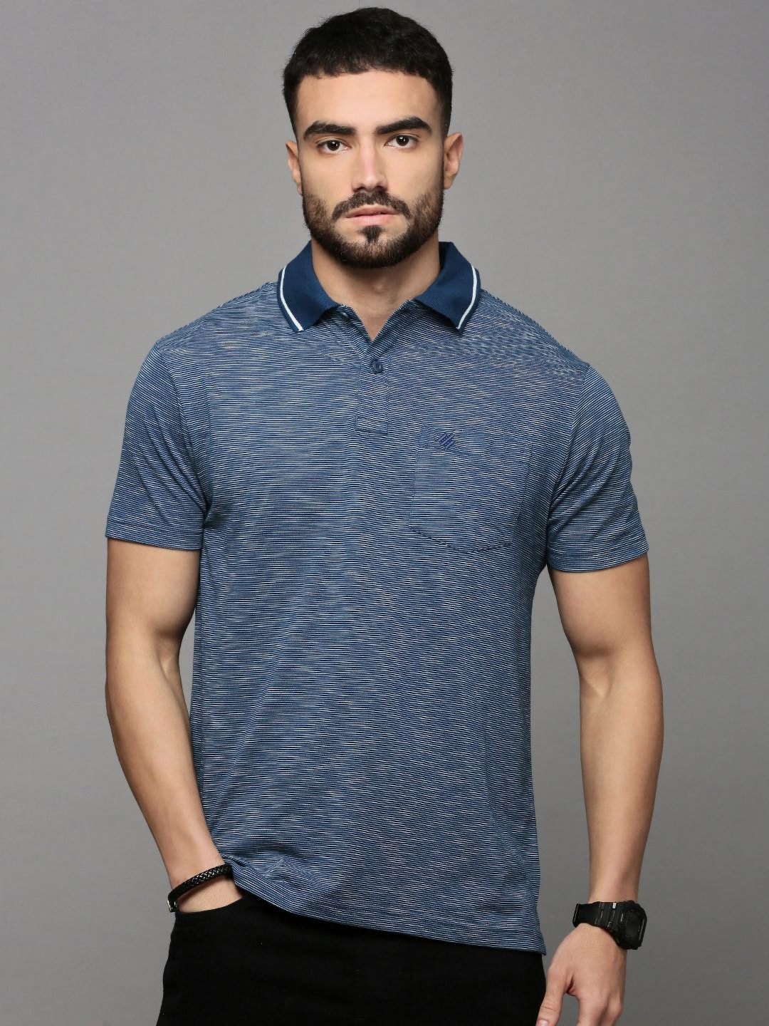 

ONN Men Abstract Printed Polo Collar Cotton T-shirt, Blue