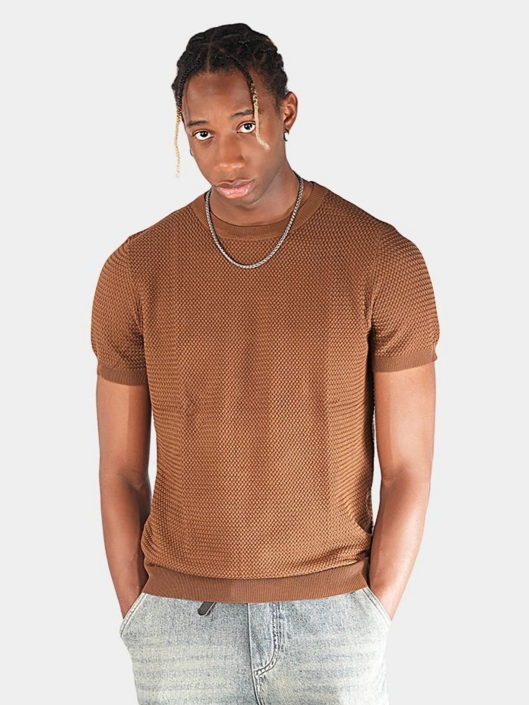 

BOTABOCHI Men Solid Round Neck Cotton T-shirt, Brown