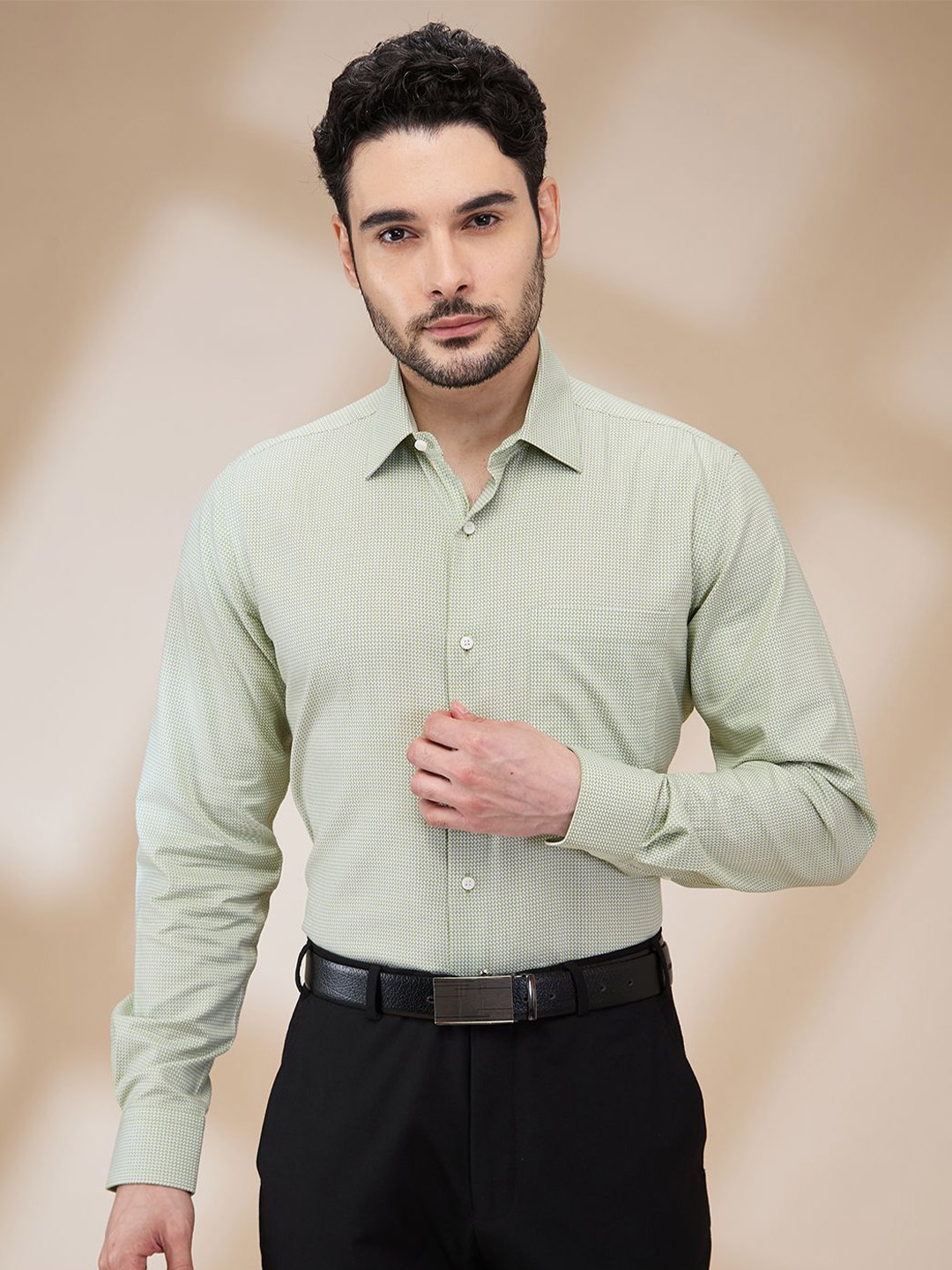

Raymond Men Contemporary Spread Collar Textured Cotton Formal Shirt, Green