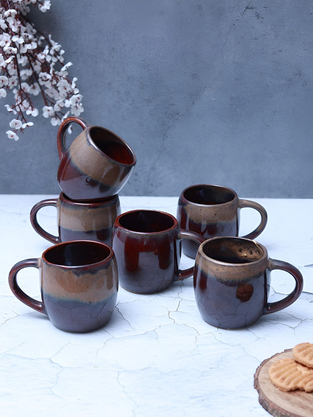 

Unravel India Coffee Brown 6 Pieces Printed Ceramic Matte Mugs 140 ml