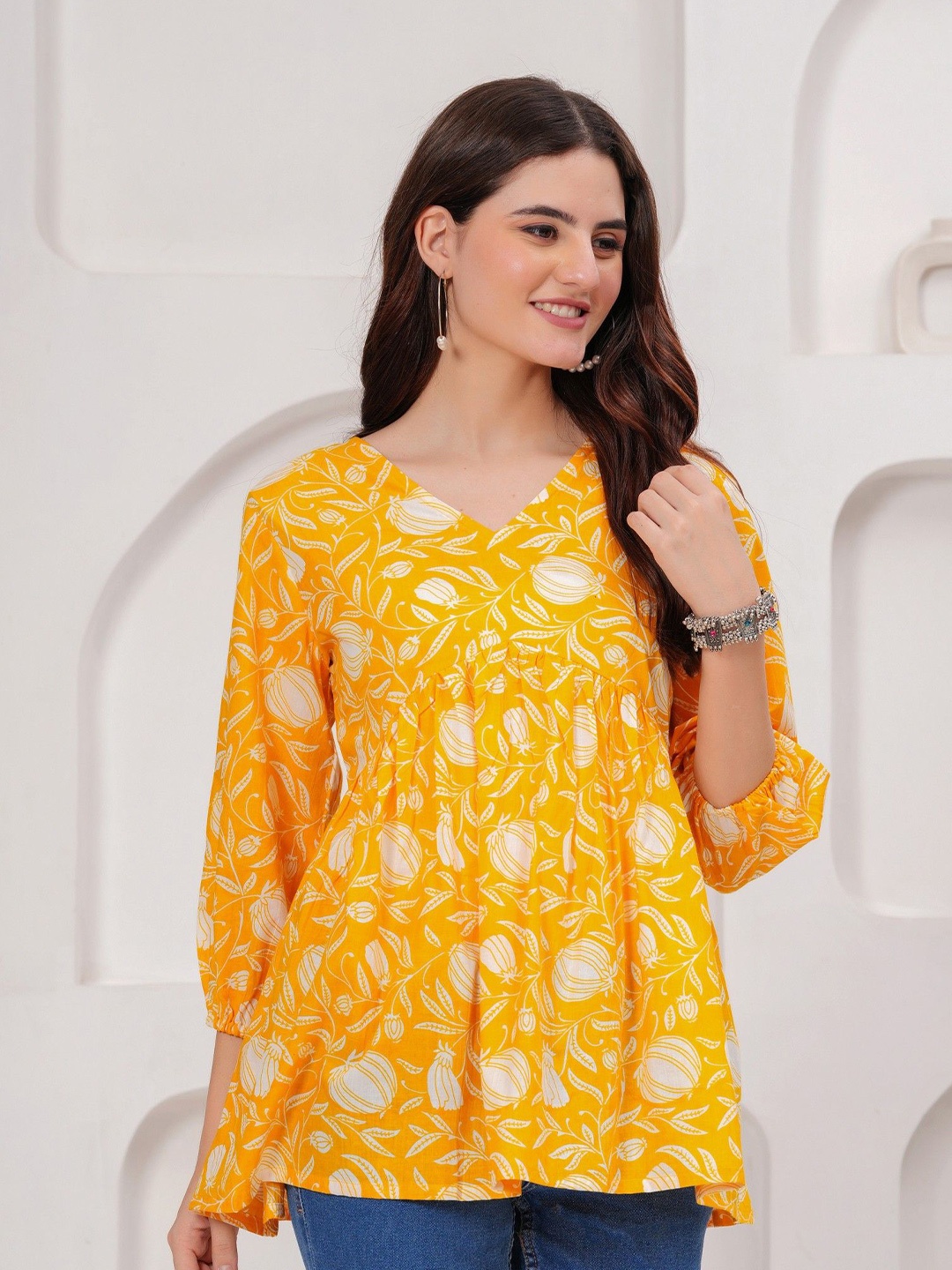 

Royal Marque Women Floral Printed V-Neck Cotton Top, Yellow