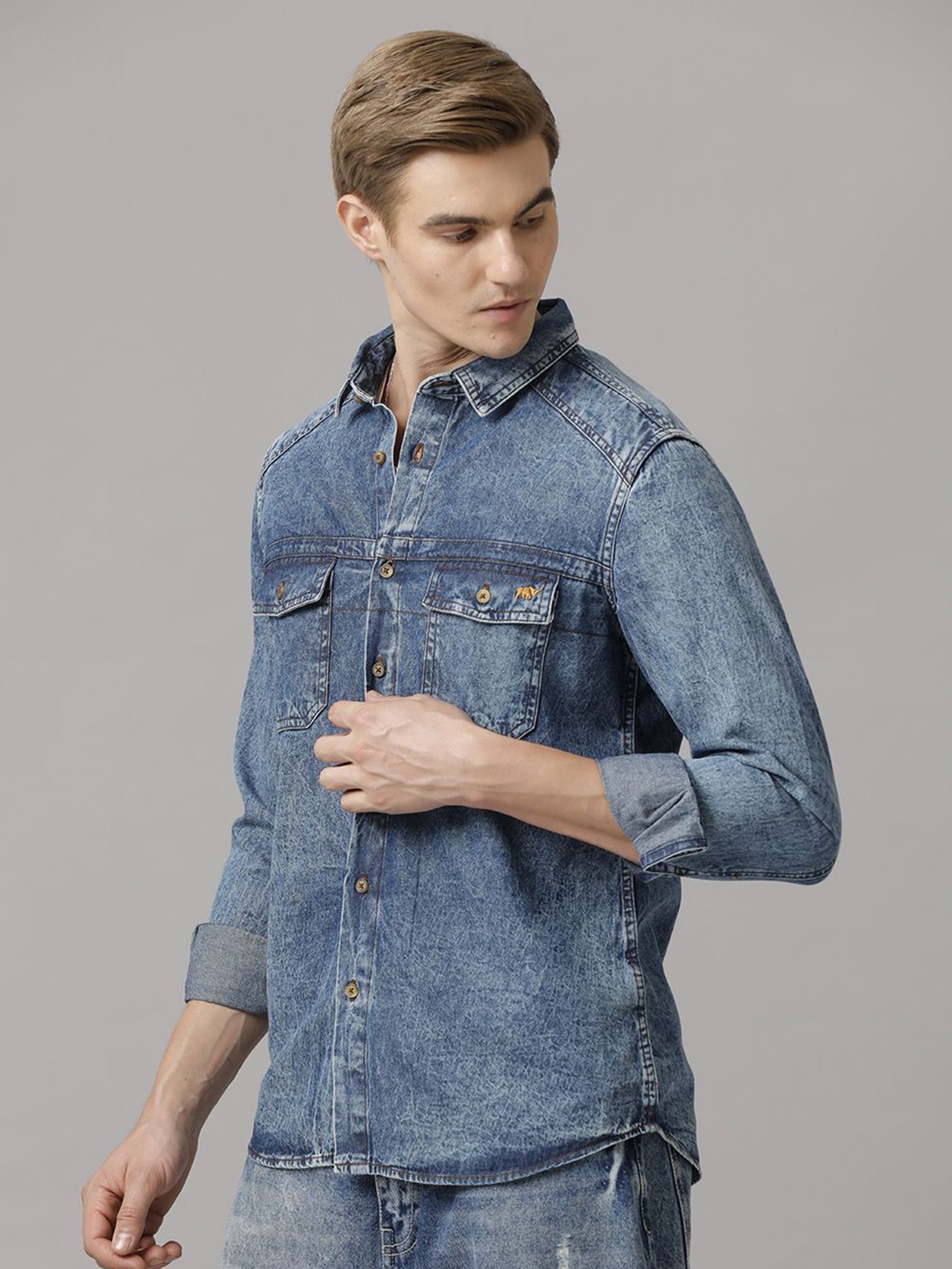 

TEMPLE OF DENIM Men India Slim Spread Collar Solid Denim Casual Shirt, Blue