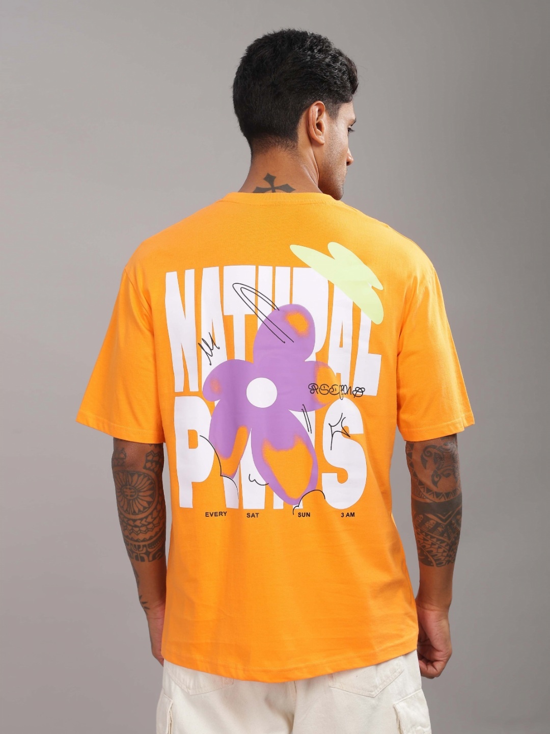 

TOMHIDDLE Men Graphic Printed Round Neck Cotton Oversized T-shirt, Orange