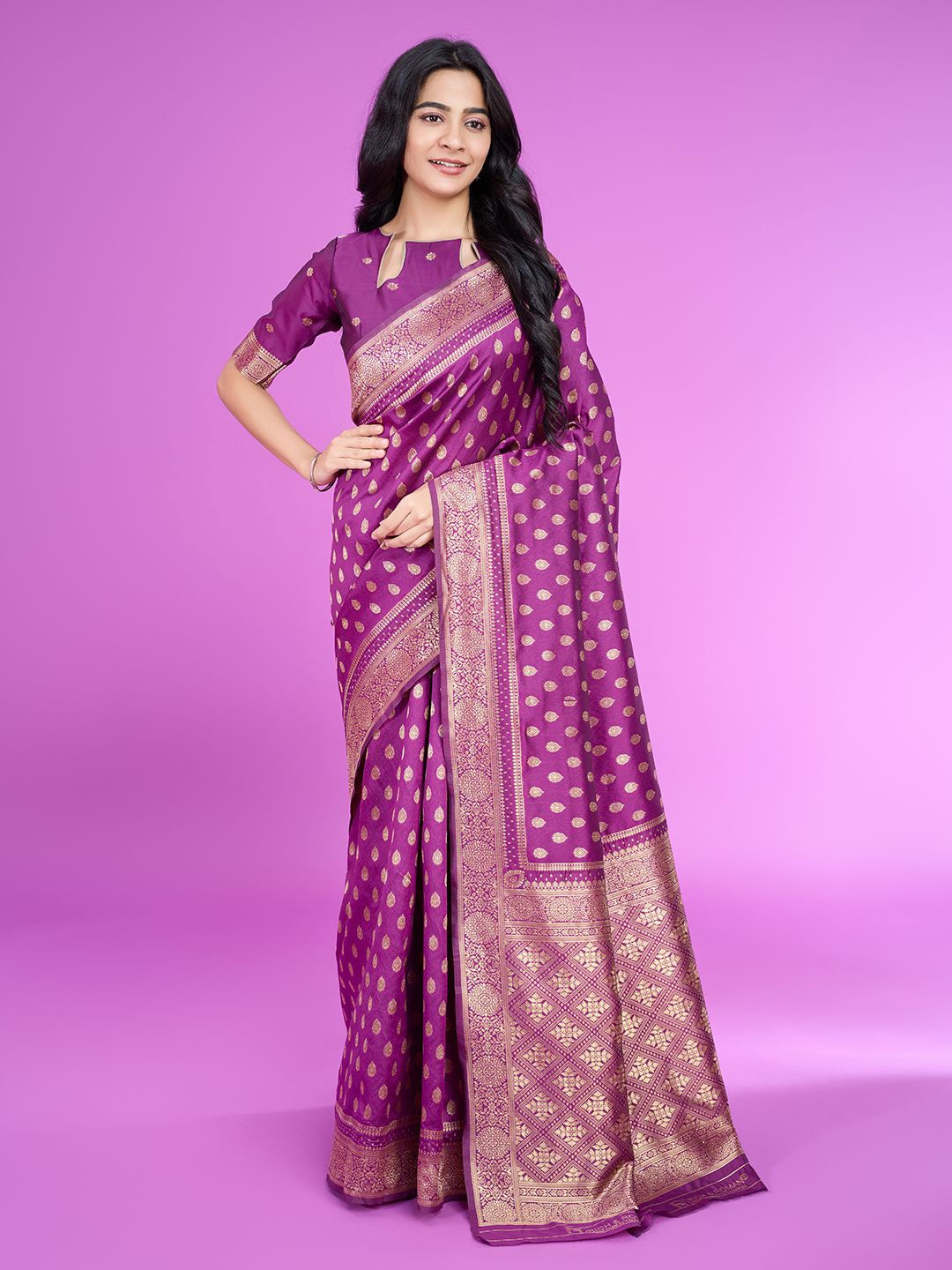 

RICH & ROMAN Woven Design Zari Pure Silk Banarasi Saree, Purple