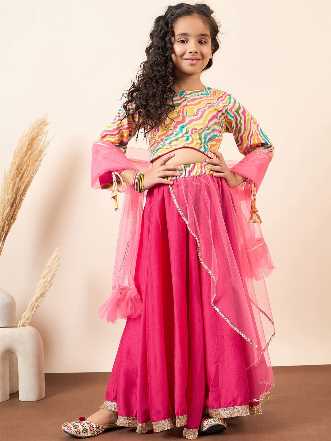

Stylo Bug Girls Printed Gotta Patti Ready to Wear Lehenga & Blouse With Dupatta, Pink