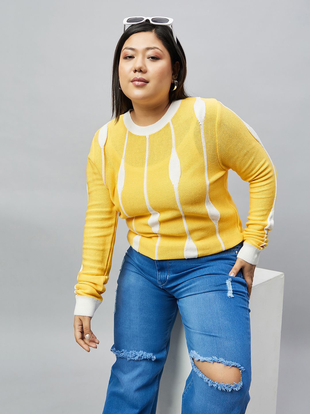 

Club York Women Plus Size Striped Round Neck Long Sleeves Pullover Sweaters, Yellow