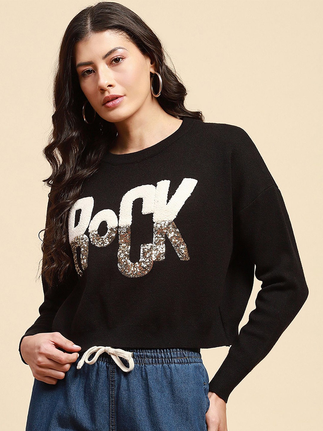

Global Republic Women Typography Embroidered Pullover, Black