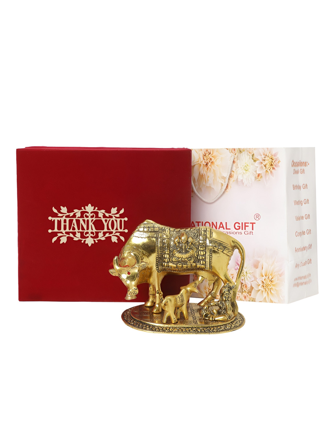 

INTERNATIONAL GIFT Gold-Toned Kamdhenu Cow Statue with Thank You Tag & Velvet Box