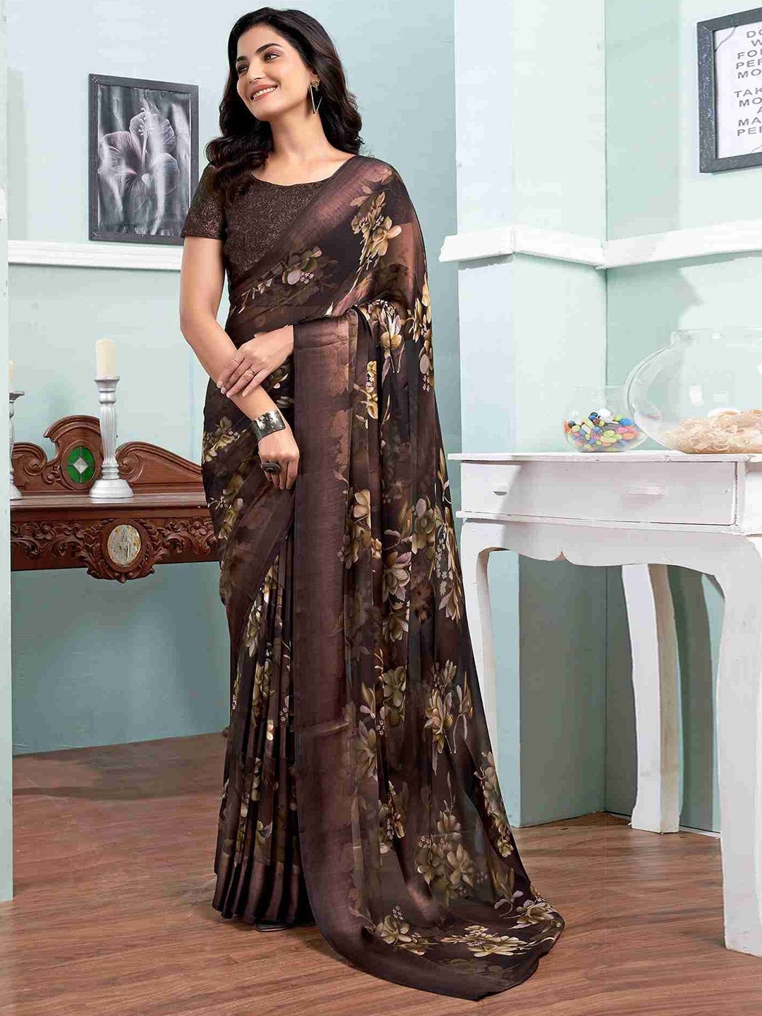 

SANJANA SILK Floral Poly Georgette Maheshwari Saree, Brown