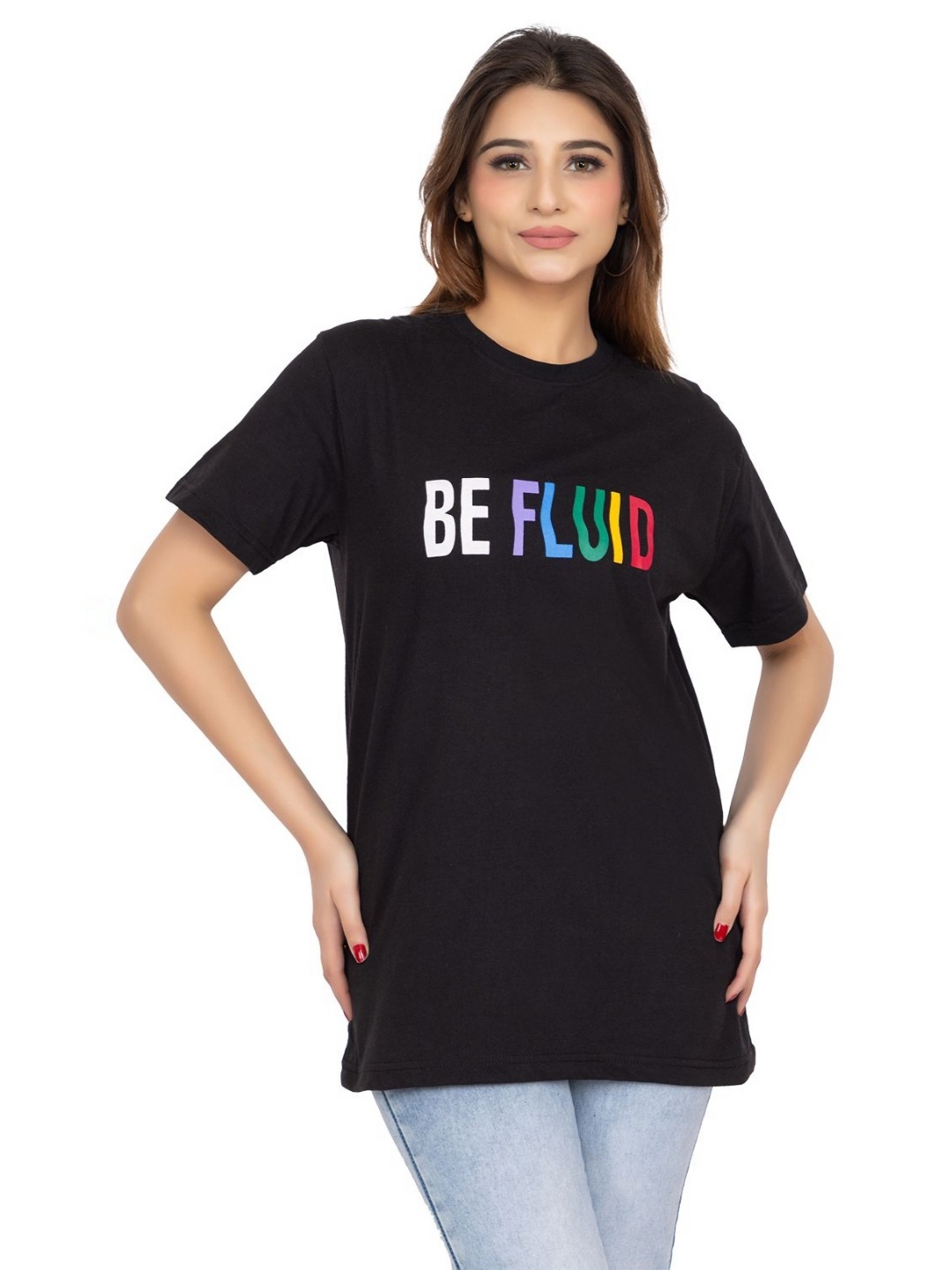

LEZA Women Typography Printed Round Neck Cotton T-shirt, Black