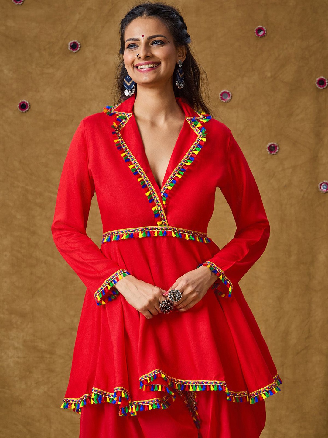 

SALWAR STUDIO Women Cotton Embroidered Padded Peplum Top, Red