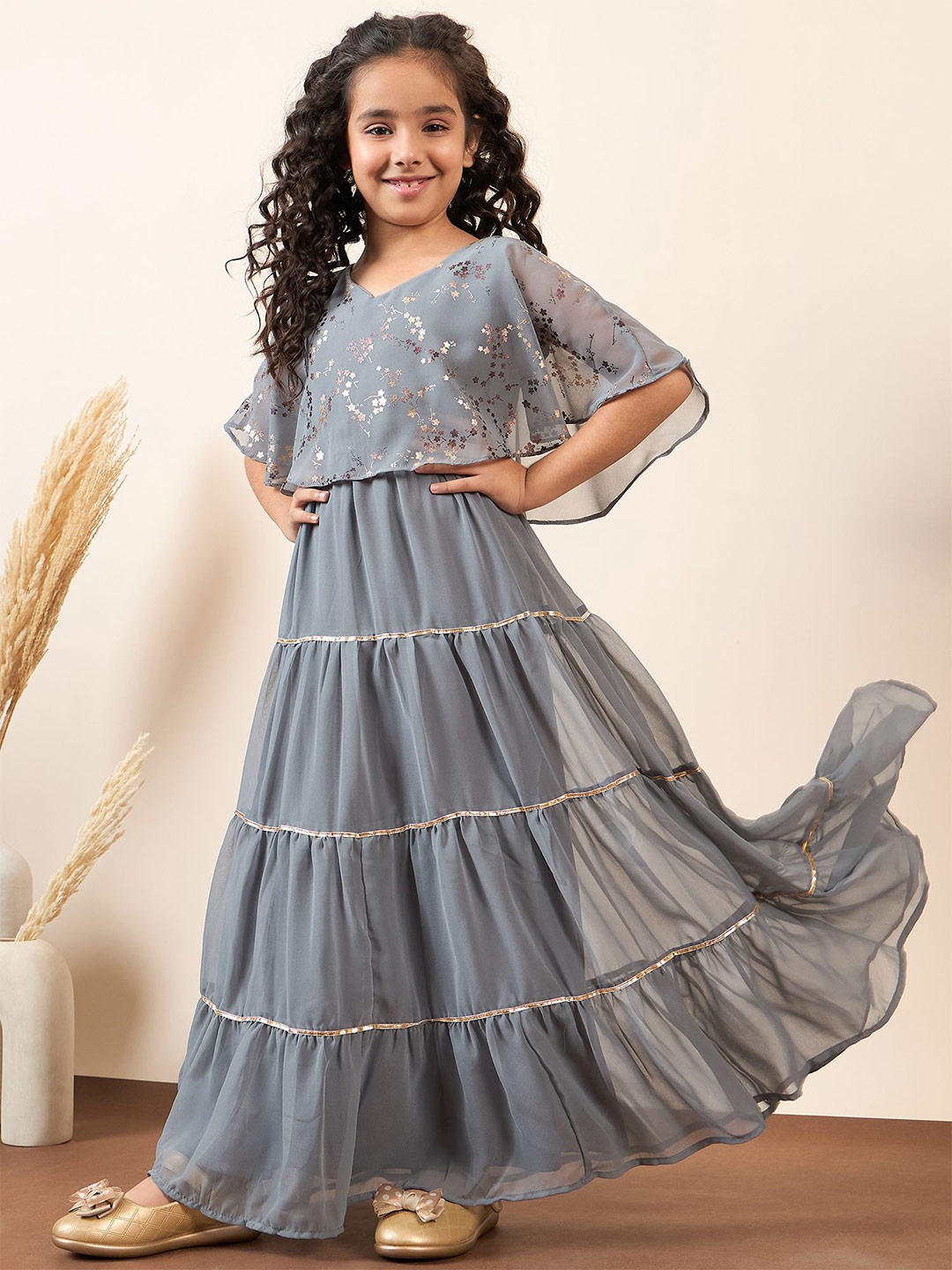 

Stylo Bug Girls Print Flared Sleeve A-Line Maxi Dress, Grey