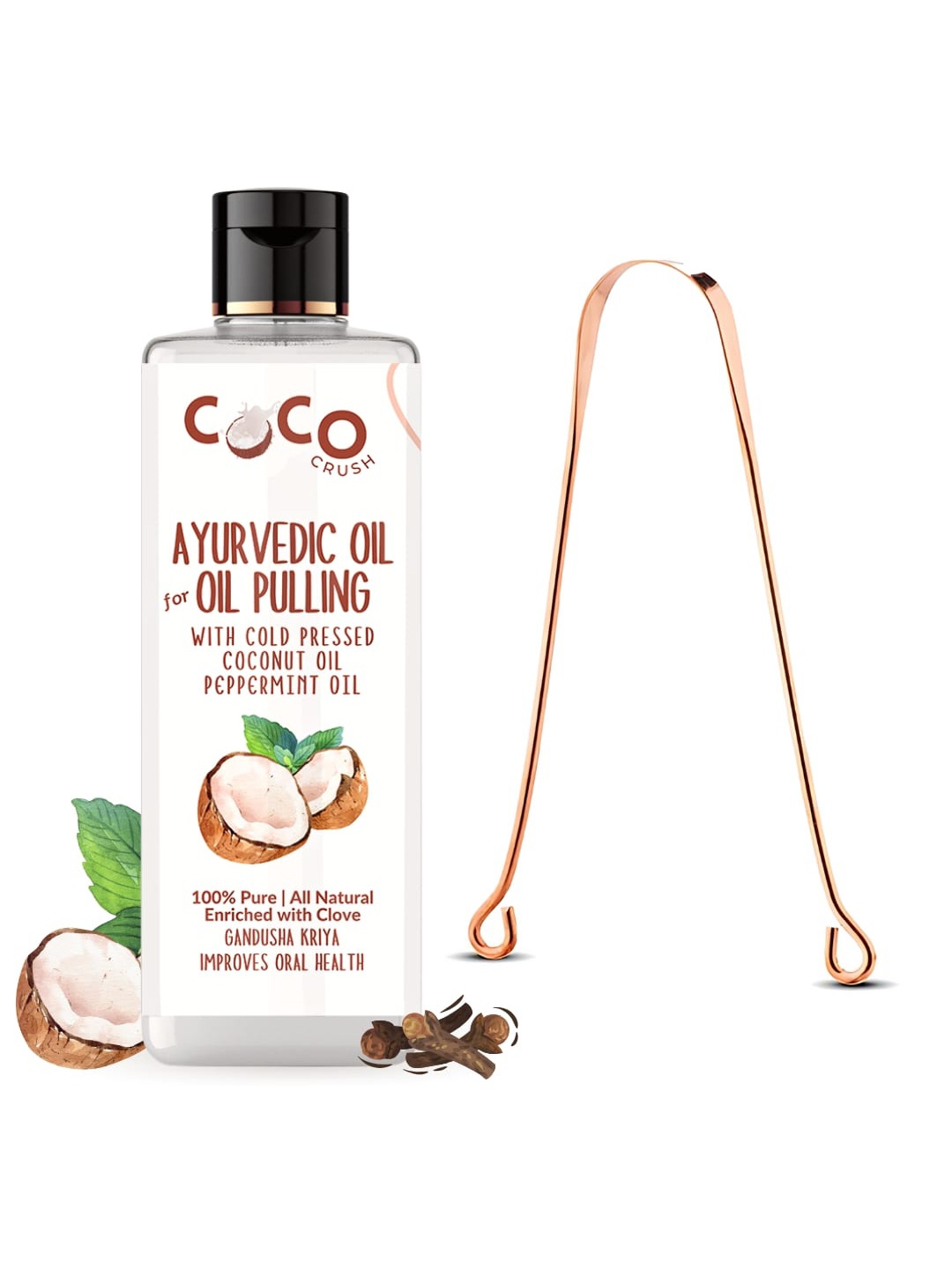 

Coco Crush Ayurvedic Virgin Coconut Oil For Oil Pulling With Tongue Cleaner-50ml, Transparent