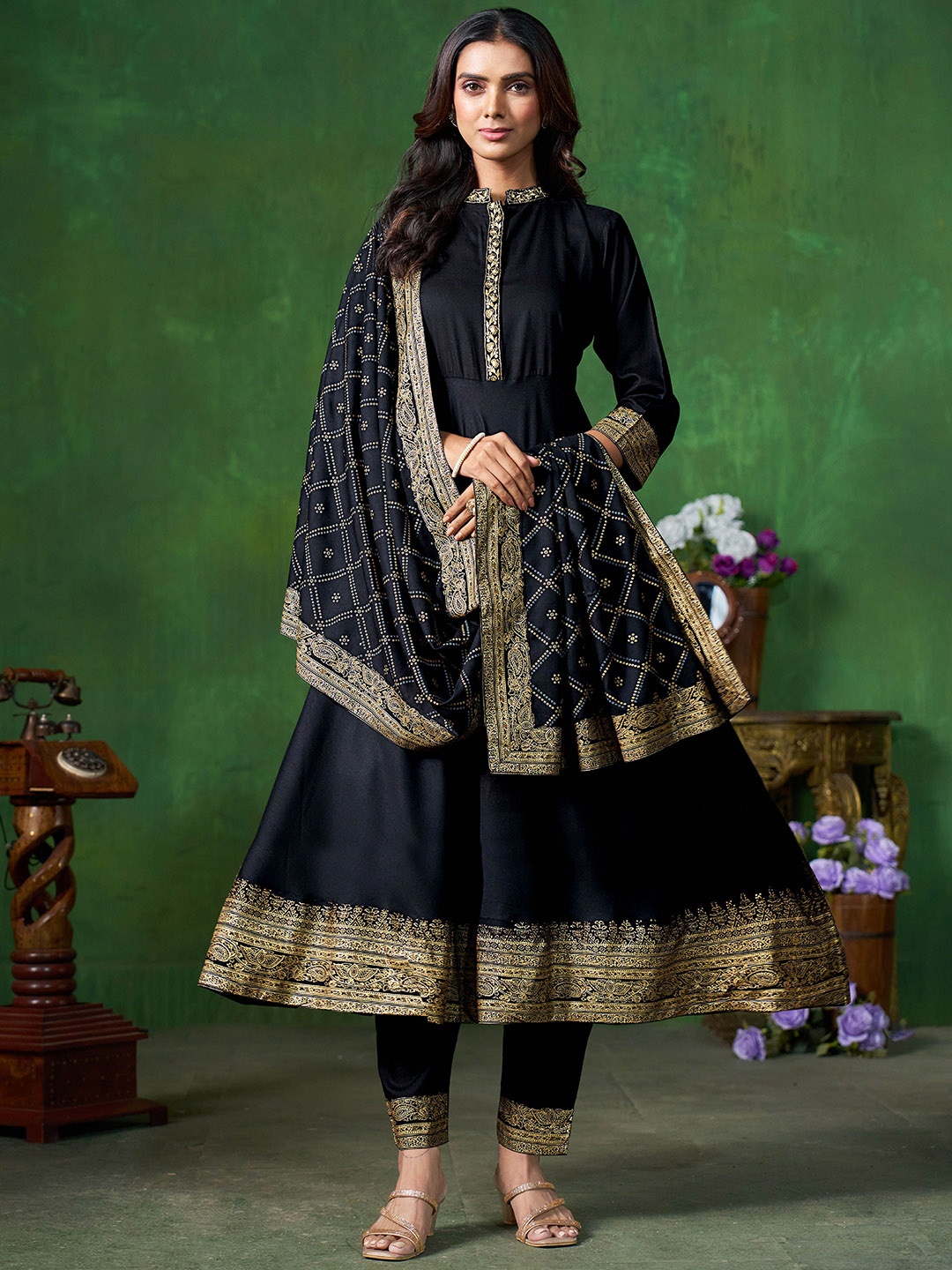 

Sangria Black Ethnic Motifs Printed Thread Work Anarkali Kurta With Trouser & Dupatta