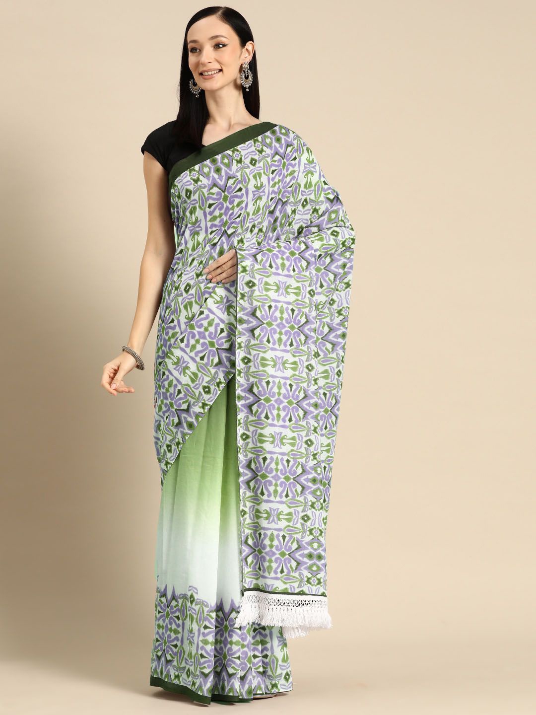 

BUTA BUTI Ethnic Motifs Printed Pure Cotton Saree, Green