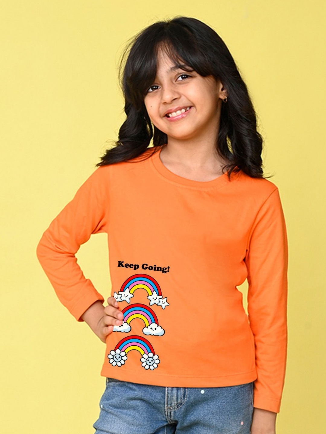 

NUSYL Girls Graphic Printed Round Neck Cotton T-shirt, Orange