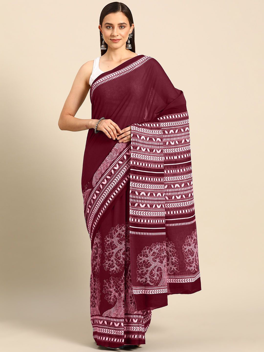 

BUTA BUTI Geometric Printed Pure Cotton Saree, Maroon