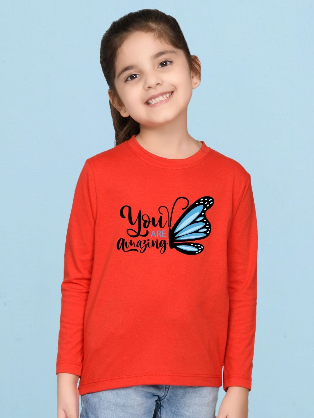 

NUSYL Girls Typography Printed Round Neck Cotton T-shirt, Red